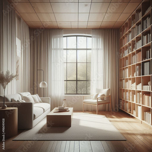 AI generate living room and there is a tall bookshelf and a sofa