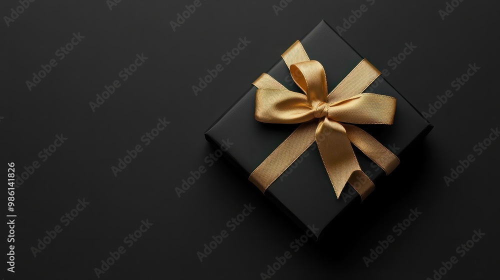 Black gift box with gold ribbon on black background, copy space.Flat lay. Black gift box with gold ribbon on black background, copy space.Flat lay.