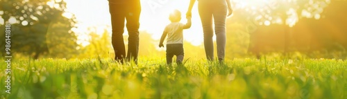 A baby s first steps on a soft grassy field close up, focus on, copy space, light greens and sunny yellows, Double exposure silhouette with parents watching from behind