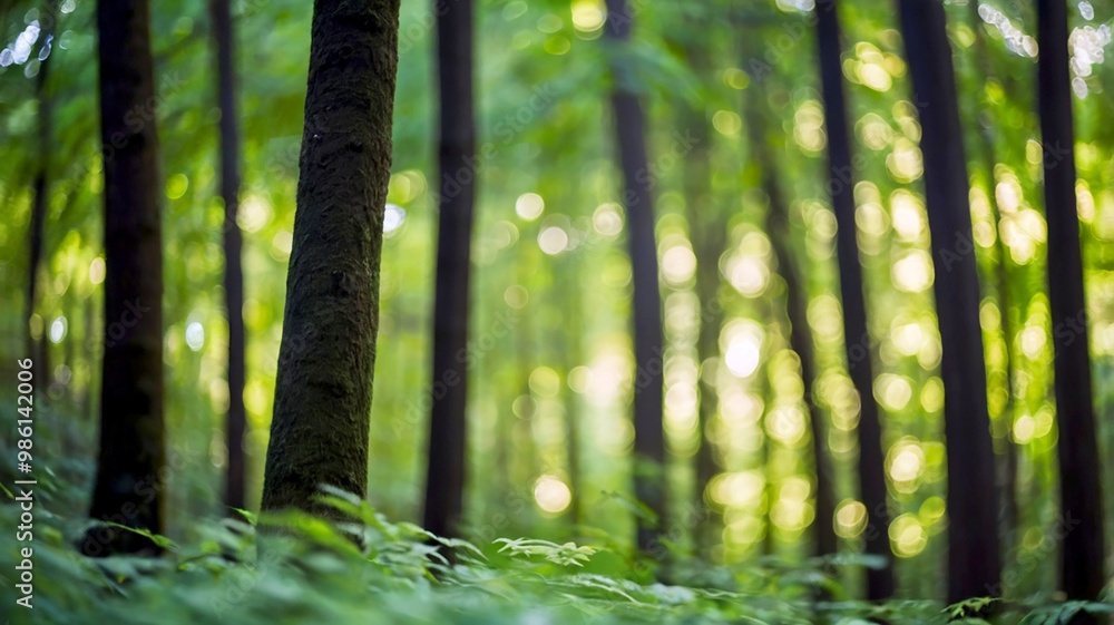 Naklejka premium Blurred bokeh of a lush, green forest