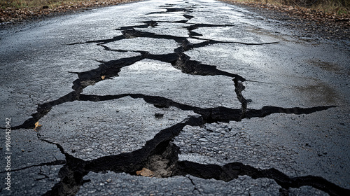 A close-up of a cracked and broken road after an earthquake, with deep fissures running across the pavement, symbolizing the earth's violent upheaval and the danger posed to infrastructure.