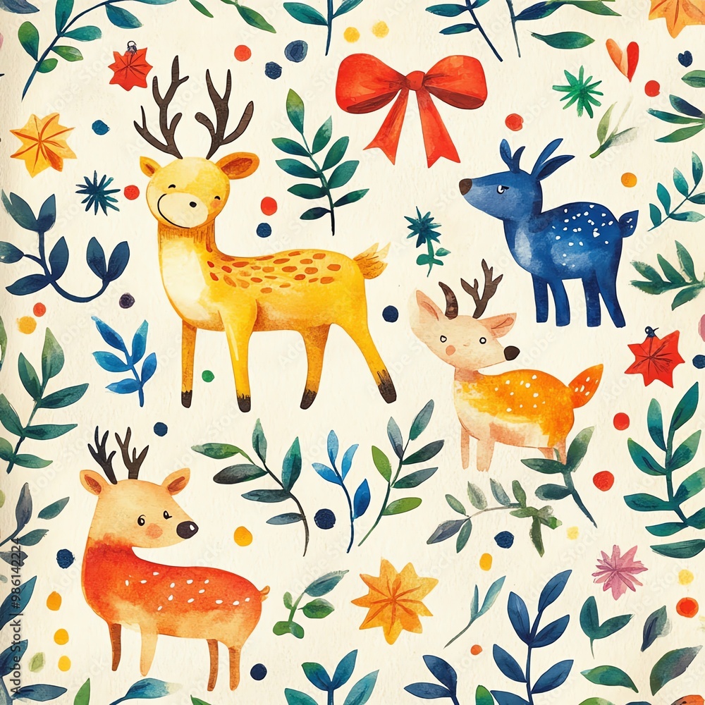 Obraz premium Christmas gift, animalthemed wrapping paper with colorful ribbons, whimsical holiday, watercolor style