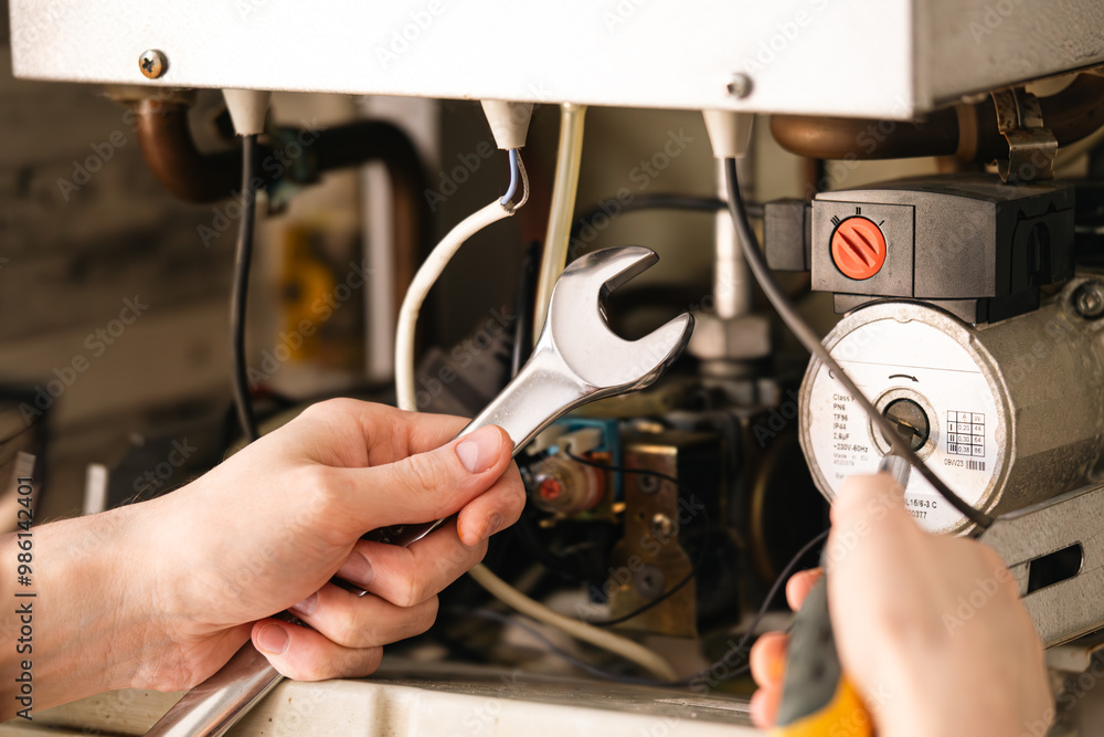 A man is repairing a water-heating boiler. A man is repairing a water-heating boiler.
