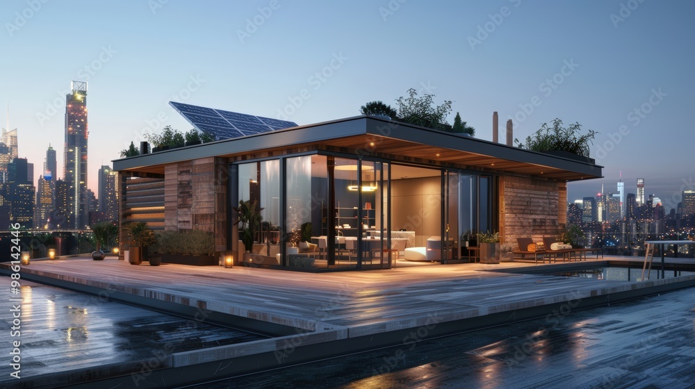 Luxurious Smart Home with Rooftop Pool and Solar Panels Overlooking City Skyline at Sunset Luxurious Smart Home with Rooftop Pool and Solar Panels Overlooking City Skyline at Sunset