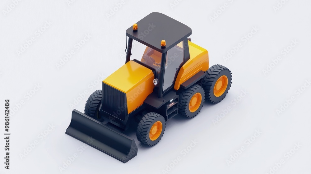 Yellow and black toy bulldozer with a black blade, on a white background. Yellow and black toy bulldozer with a black blade, on a white background.