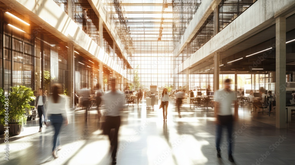 Bright business workplace with people in walking in blurred motion in modern office space Bright business workplace with people in walking in blurred motion in modern office space