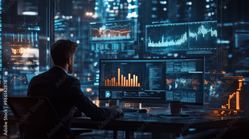 business people working in office, looking to different charts with growing revenue in the future business people working in office, looking to different charts with growing revenue in the future