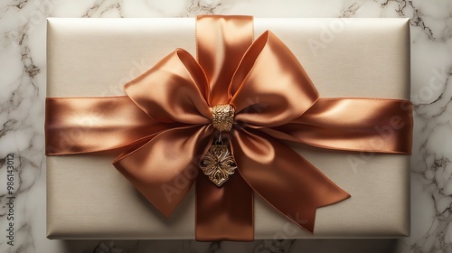 Christmas gift wrapped in luxurious satin with an intricate bow and goldembossed gift tag, set against a marble background, Opulent wrapping, Elegant holiday gift photo