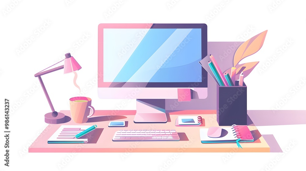 A semi-flat illustration of a tidy office desk setup with a computer, coffee mug, notepads, and stationery. The items should be easily customizable, with neutral colors that can be adjusted to fit var A semi-flat illustration of a tidy office desk setup with a computer, coffee mug, notepads, and stationery. The items should be easily customizable, with neutral colors that can be adjusted to fit var