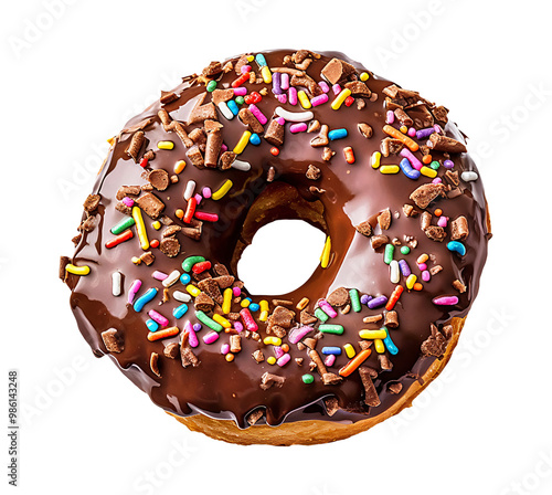 Donut with rich chocolate frosting and colorful sprinkles on a transparent background