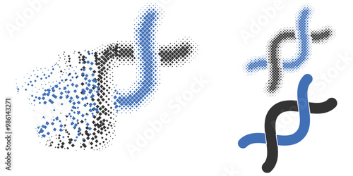 Burst pixelated DNA helix pictogram with halftone version. Vector wind effect for DNA helix icon. Pixelated integration effect for DNA helix gives motion of virtual objects.