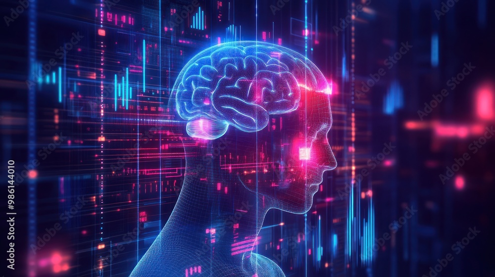 Digital human head with glowing brain and neon lines in the background. Digital human head with glowing brain and neon lines in the background.