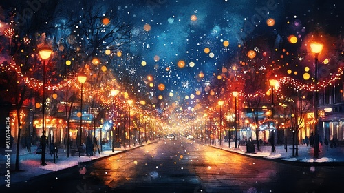 Christmas lights, glowing in a city street, festive urban scene, watercolor style