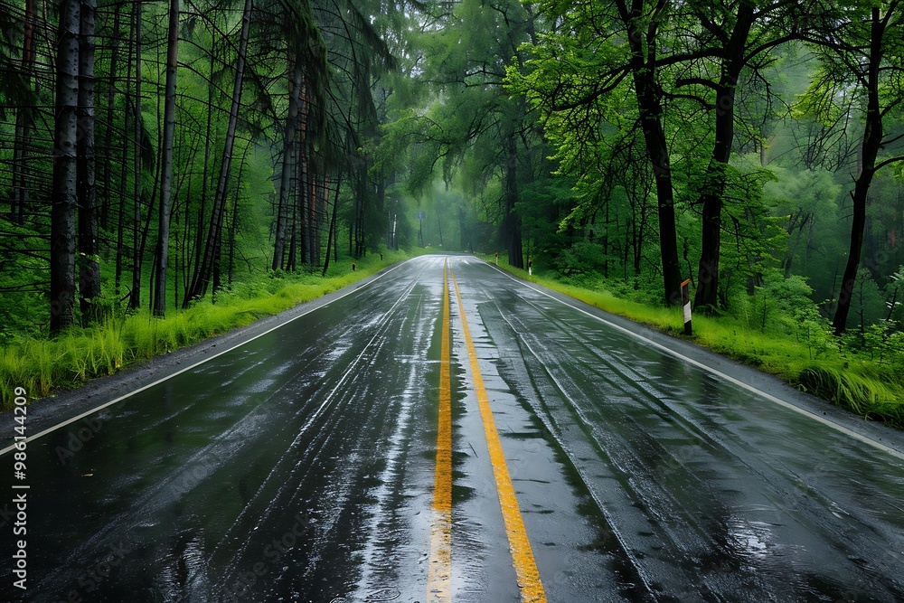 Obraz premium Rainy asphalt road in the forest with yellow line and rain drops