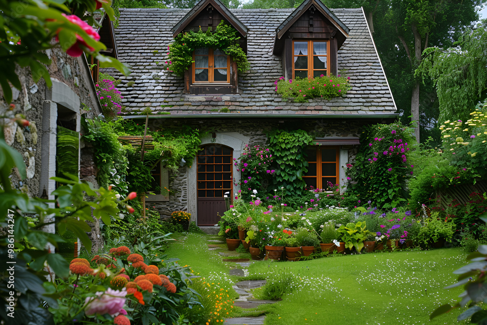 A house with a green roof and ivy growing on it, Old Cotswolds town of ...