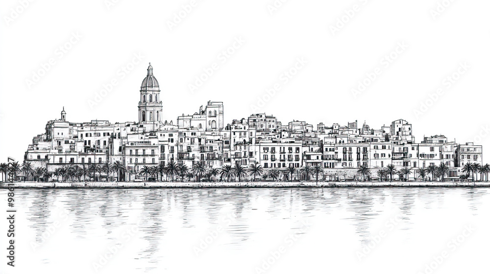 Fototapeta premium Bari, Italy, black and white pen pencil hand-drawn effect drawing illustration for travel poster, card, wallpaper, backdrop or banner. Modern, clear, artistic and simple