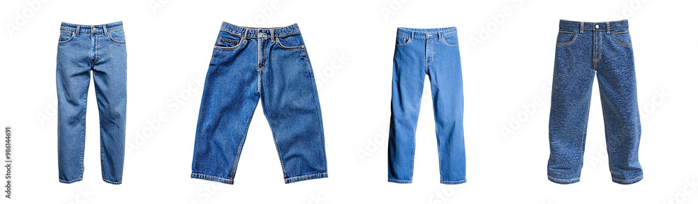 Four pairs of denim jeans showcasing different styles and washes, ideal for casual fashion. Four pairs of denim jeans showcasing different styles and washes, ideal for casual fashion.