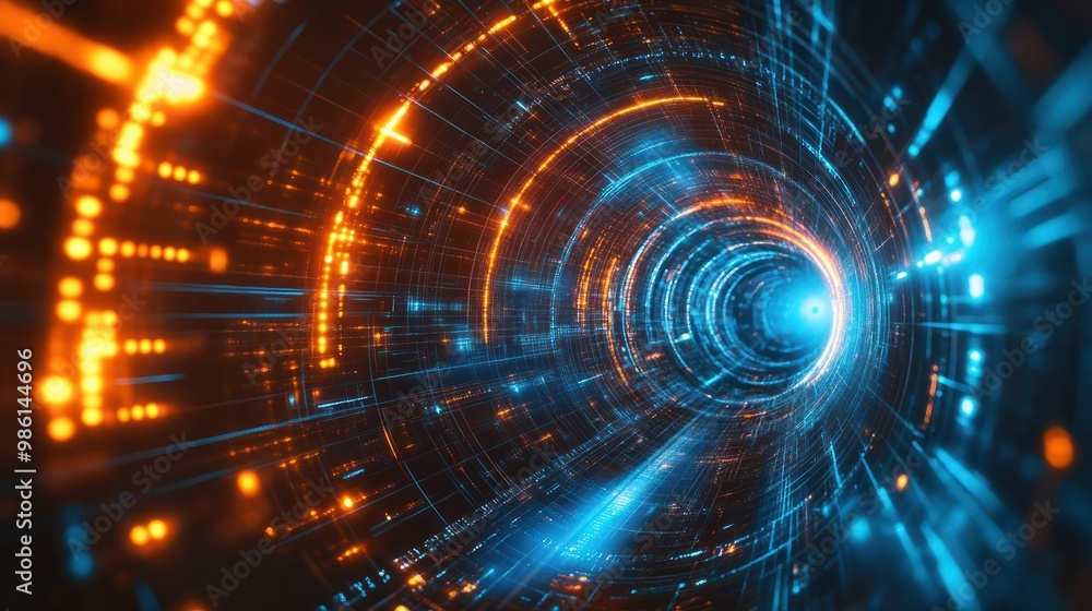 Digital technology background with blue and orange lights, glowing digital data streams in the center of abstract futuristic space tunnel or dark corridor with light particles and Digital technology background with blue and orange lights, glowing digital data streams in the center of abstract futuristic space tunnel or dark corridor with light particles and