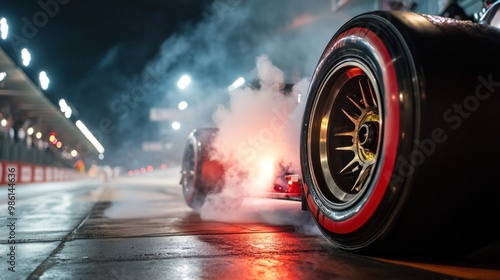 A close-up shot of a race car tire smoking on a track under night lights.