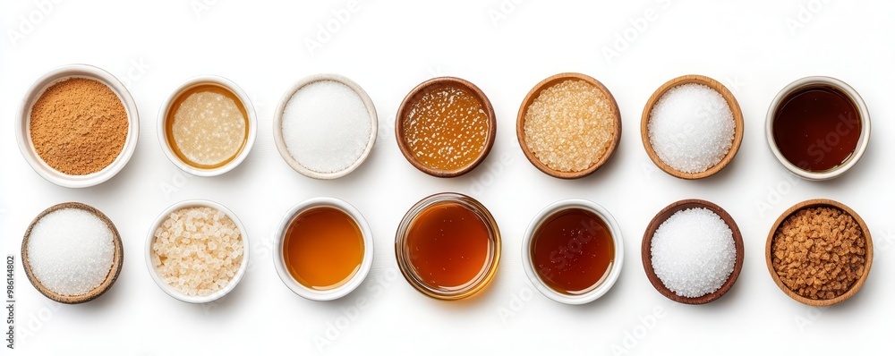 A diverse collection of various sugars and sweeteners displayed in bowls, showcasing their unique textures and colors.