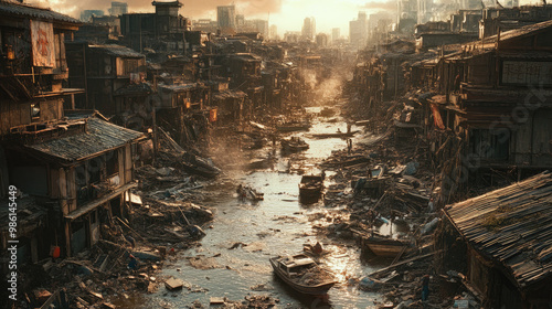 A cityscape after a major earthquake, with buildings partially collapsed and streets filled with debris, capturing the widespread destruction and chaos caused by the disaster.