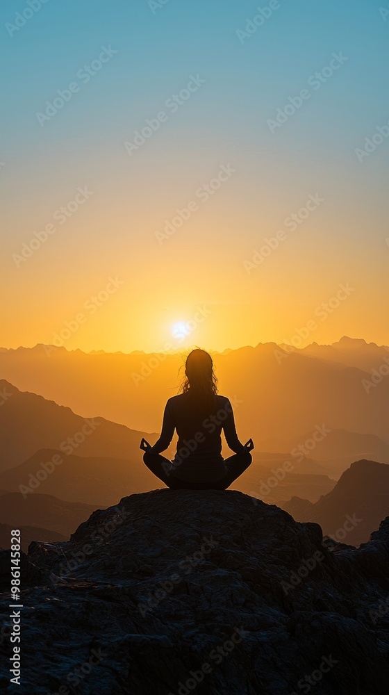Woman Meditating on Mountaintop at Sunrise. Serene Mountain Mediation. Tranquility Mindfulness Horizon Background. Woman Meditating on Mountaintop at Sunrise. Serene Mountain Mediation. Tranquility Mindfulness Horizon Background.