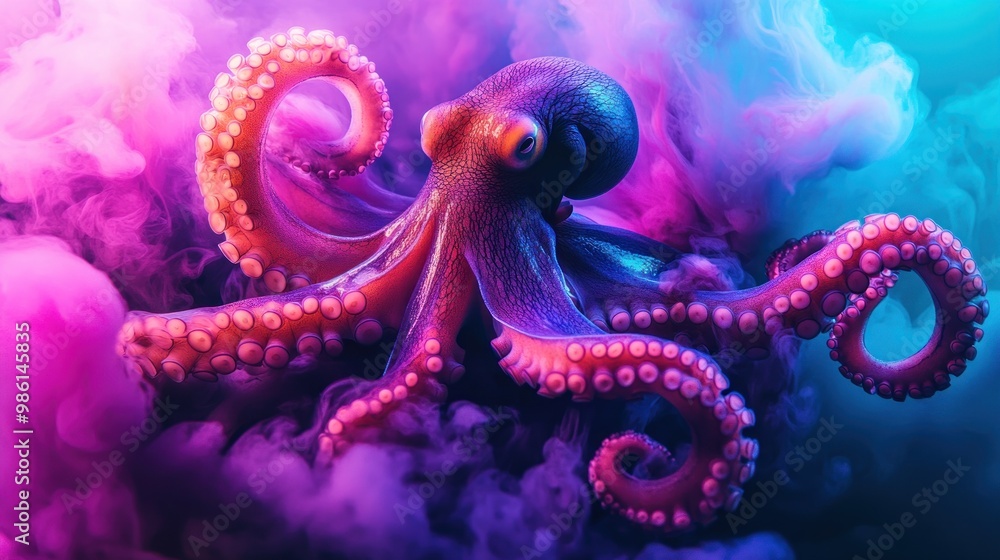 Obraz premium A vibrant octopus with its tentacles outstretched against a colorful background of pink and blue smoke.