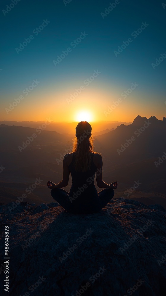 Woman Meditating on Mountaintop at Sunrise. Serene Mountain Mediation. Tranquility Mindfulness Horizon Background. Woman Meditating on Mountaintop at Sunrise. Serene Mountain Mediation. Tranquility Mindfulness Horizon Background.