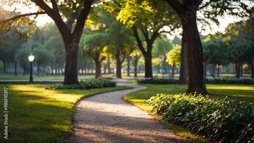 Blurred bokeh of a path through a tranquil park