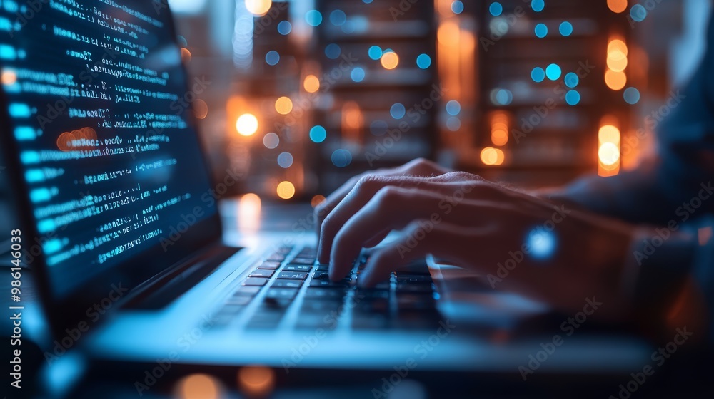Hands typing code on a laptop in a high-tech office with glowing lights and digital code on the screen. Fast-paced software development Hands typing code on a laptop in a high-tech office with glowing lights and digital code on the screen. Fast-paced software development