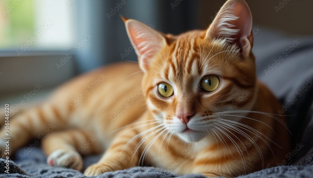 A close-up portrait of an orange tabby cat lying on a bed, with soft lighting and a relaxed expression. Perfect for pet-related design themes. A close-up portrait of an orange tabby cat lying on a bed, with soft lighting and a relaxed expression. Perfect for pet-related design themes.