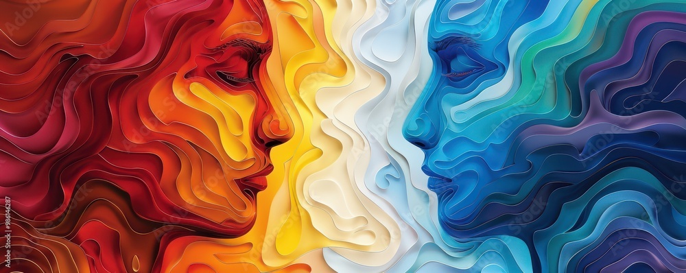 Abstract art with colorful, fluid female and male profiles facing each other. Free copy space for banner. Abstract art with colorful, fluid female and male profiles facing each other. Free copy space for banner.
