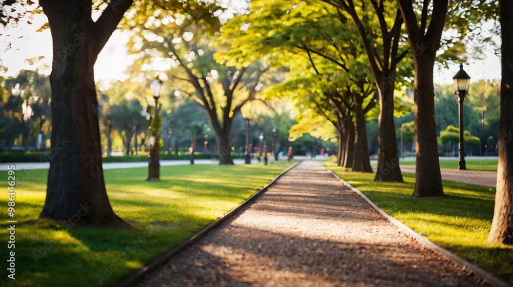 Blurred bokeh of a path through a tranquil park Blurred bokeh of a path through a tranquil park