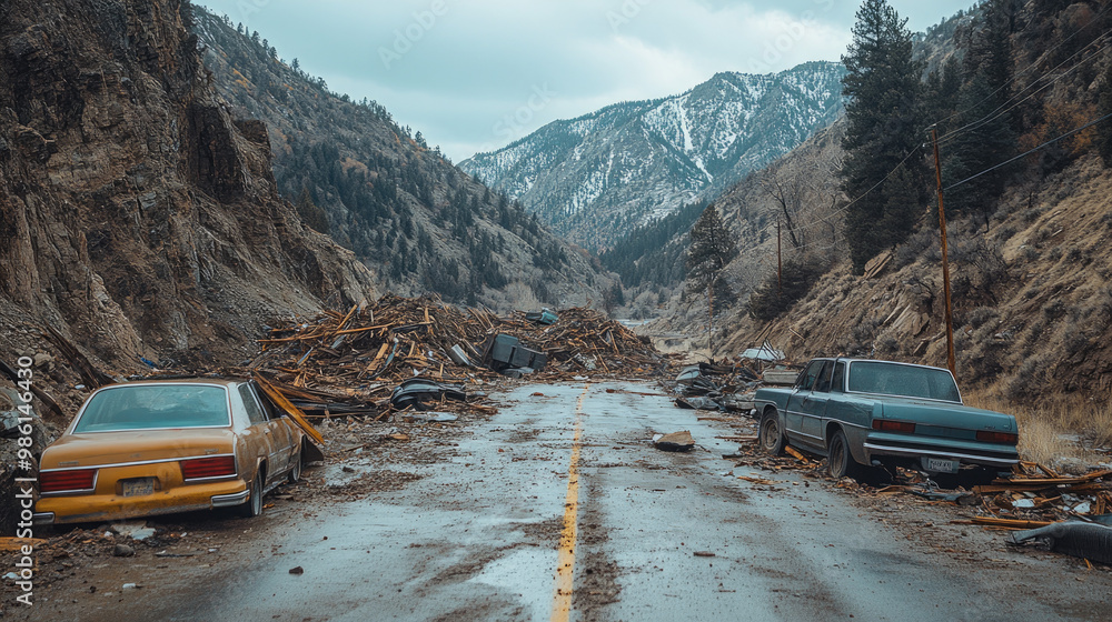 A mountain road blocked by a landslide, with vehicles trapped on either side and debris piled high, illustrating the sudden and disruptive nature of the disaster. A mountain road blocked by a landslide, with vehicles trapped on either side and debris piled high, illustrating the sudden and disruptive nature of the disaster.