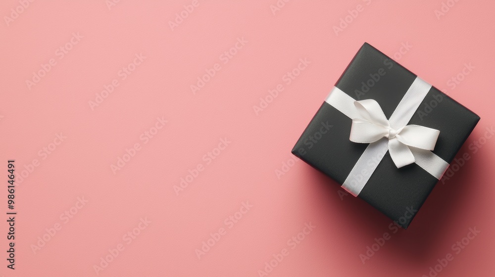 Minimalist Matte Black Gift Box with White Ribbon on Pink Background for Elegant Celebrations Minimalist Matte Black Gift Box with White Ribbon on Pink Background for Elegant Celebrations