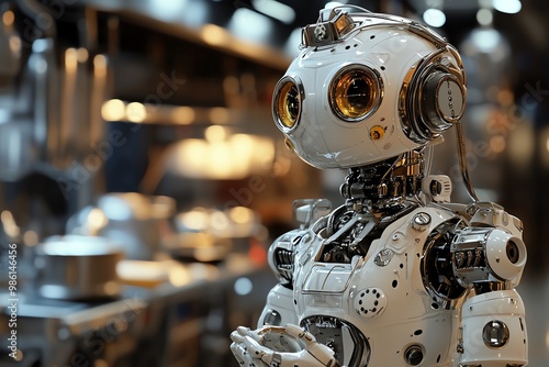 A futuristic robot stands in a modern kitchen, showcasing advanced technology and design in a culinary environment. photo