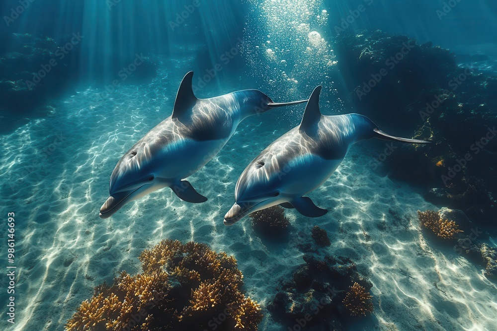Fototapeta premium two playful dolphins gliding through crystalclear tropical waters shafts of sunlight creating ethereal underwater scene vibrant coral reef in background showcases rich marine biodiversity