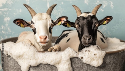 Farm animals like cows and goats relaxing in a cozy animal spa, background, no blur, photo not dark, everything is clear, copy space