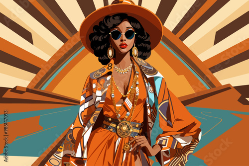 runway fashion inspires by Pan African symbolism x western American aesthetic. Modeled in the 70s