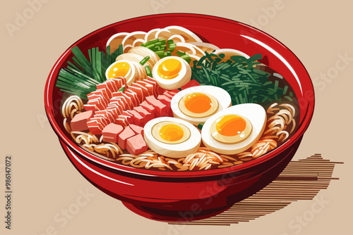 Ramen soup with noodles pork meat asian food illustration