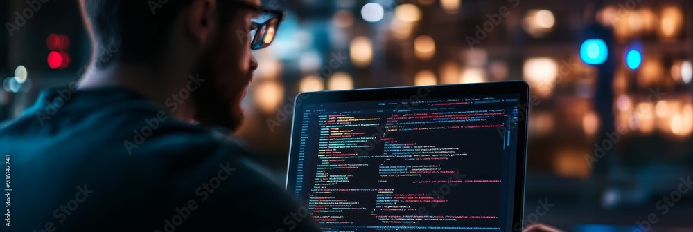 Software developer working on a laptop displaying code with a colorful bokeh background. Late-night coding session. Software developer working on a laptop displaying code with a colorful bokeh background. Late-night coding session.