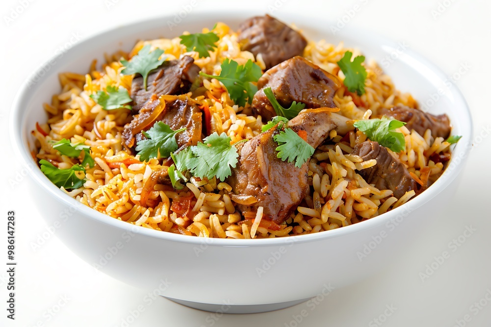 Pilaf with beef and vegetables isolated on white background Pilaf with beef and vegetables isolated on white background