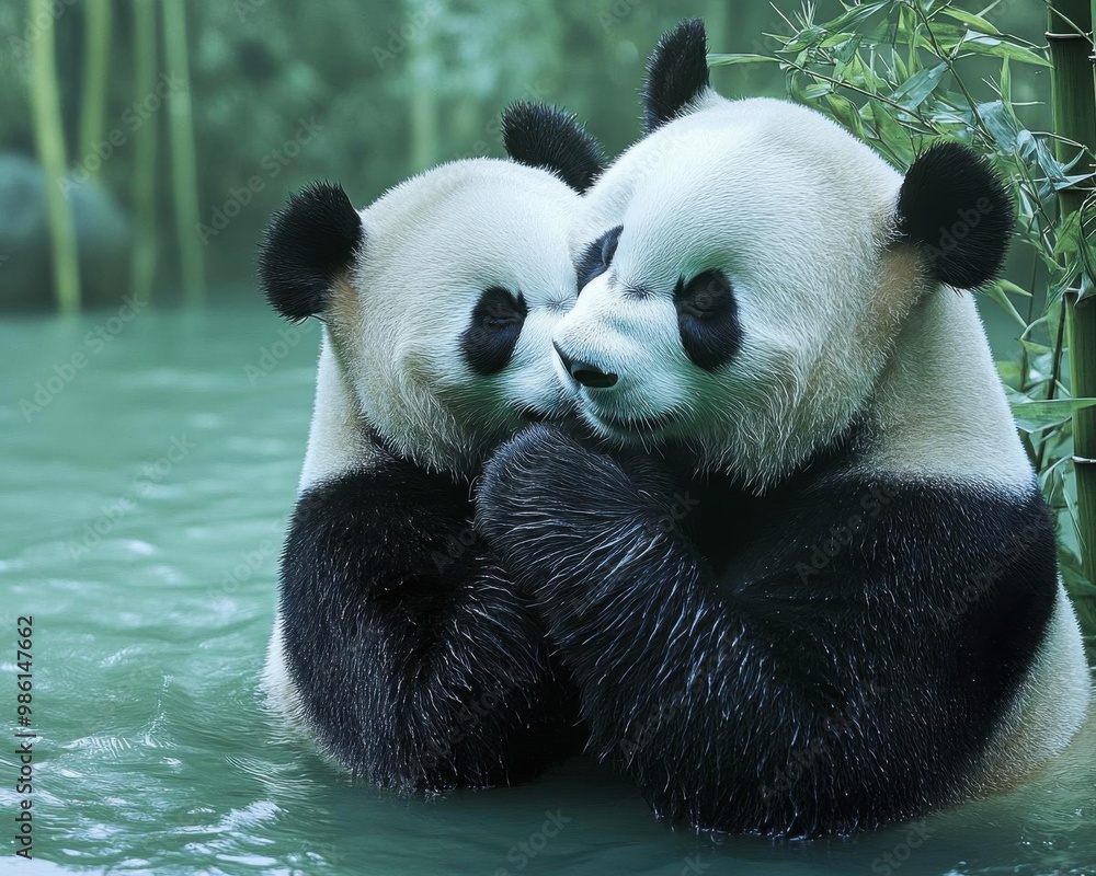 Fototapeta premium Pandas receiving gentle massages, surrounded by bamboo and tranquility, background, no blur, photo not dark, everything is clear, copy space