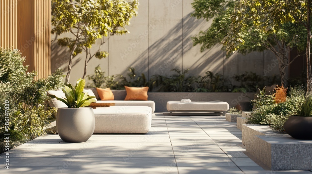 It offers a serene outdoor retreat with clean lines, modern furniture, and potted plants. It offers a serene outdoor retreat with clean lines, modern furniture, and potted plants.
