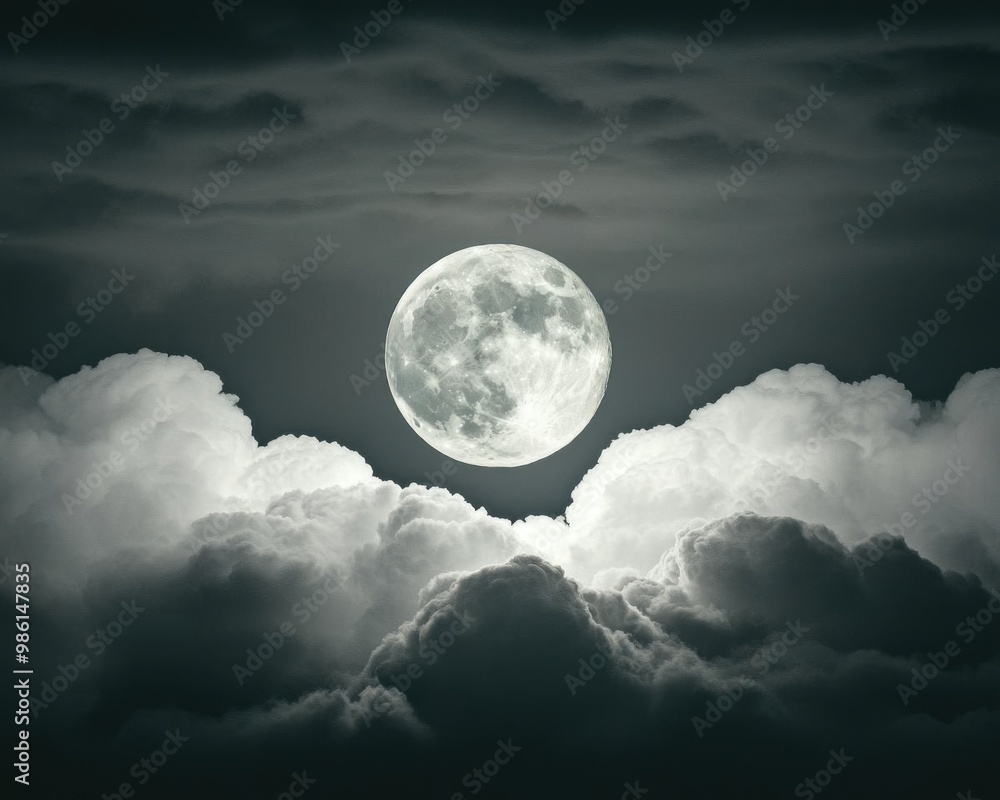 Thunderstorm with a full moon glowing through the dark clouds, eerie and mystical, background, no blur, photo not dark, everything is clear, copy space Thunderstorm with a full moon glowing through the dark clouds, eerie and mystical, background, no blur, photo not dark, everything is clear, copy space