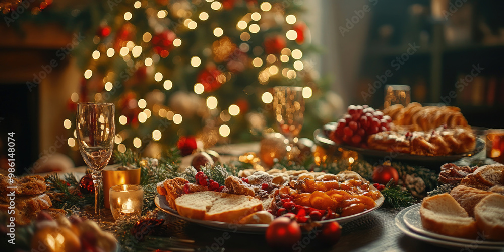 Christmas dinner. Festive dishes on the table. Happy New Year and Merry Christmas. Banner Christmas dinner. Festive dishes on the table. Happy New Year and Merry Christmas. Banner