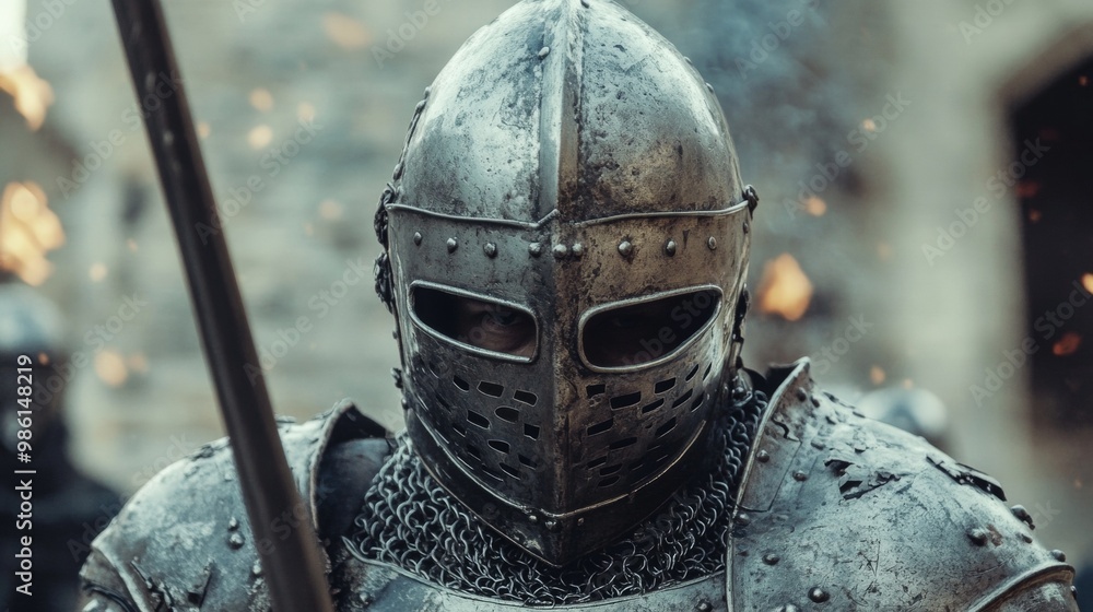 Naklejka premium Man in Medieval Knight's Armor with Heavy Iron Helmet. A Timeless Warrior