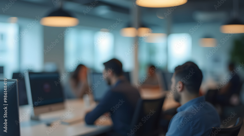 Blurred background of business people working in modern open space office. Generative AI Blurred background of business people working in modern open space office. Generative AI