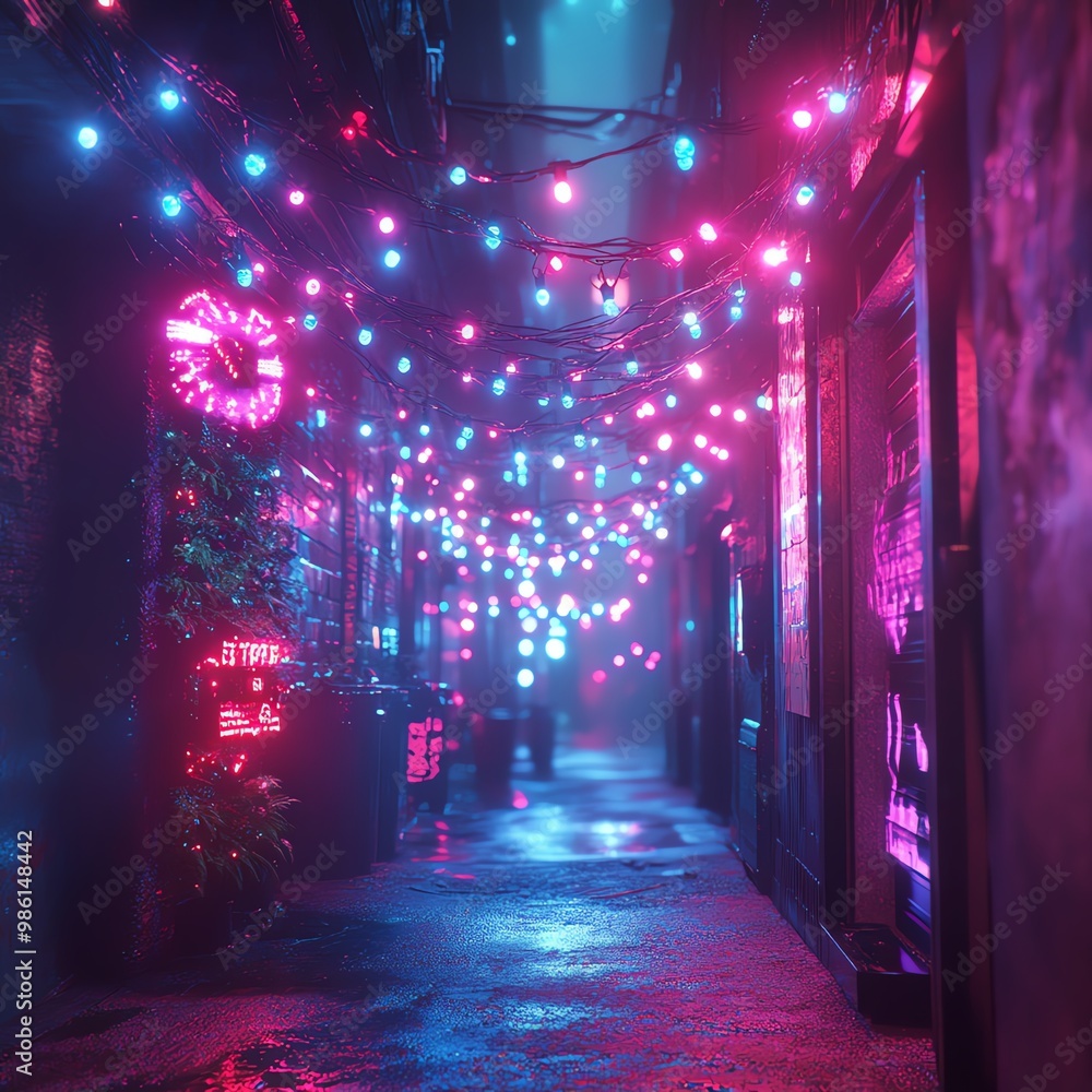 Cyberpunk Christmas lights wrapped around a neon sign in a futuristic city alley, vibrant pink, blue, and purple hues, dark moody atmosphere, 3D render