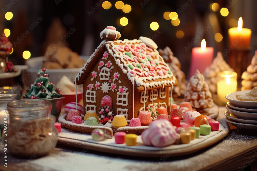 Decorated gingerbread house is surrounded by candy, lit candles cookie with christmas lights in the background. Festive baking Decorated gingerbread house is surrounded by candy, lit candles cookie with christmas lights in the background. Festive baking
